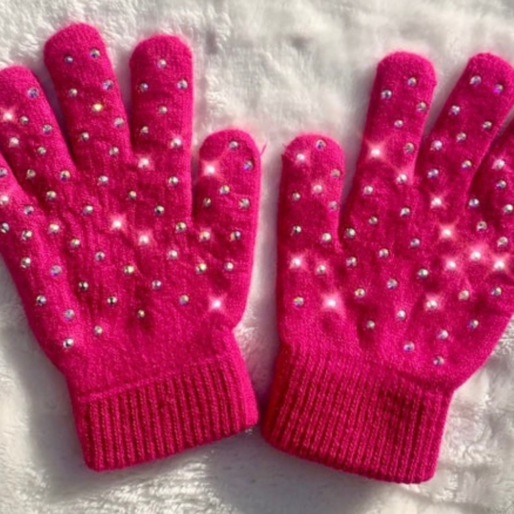 Pink Rhinestone Gloves, Bling Winter Gloves,